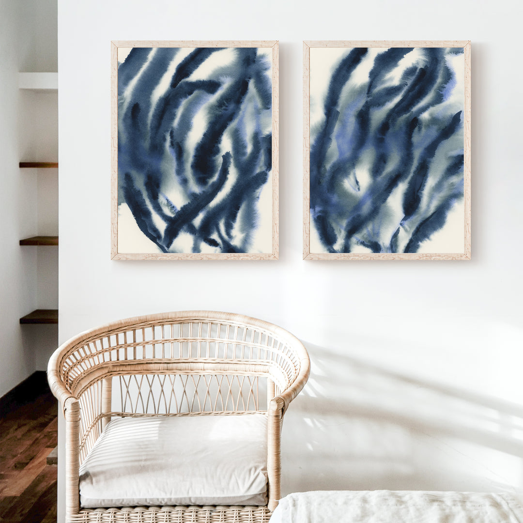 Indigo Seaweed Diptych, No. 1 - Set of 2