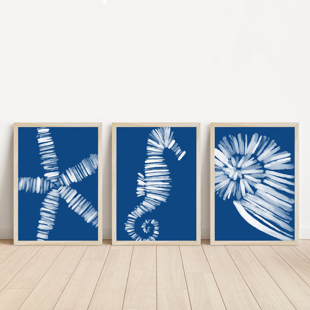 Deep Azure Blue Sea Life Triptych - Set of 3  - Art Prints or Canvases - Jetty Home