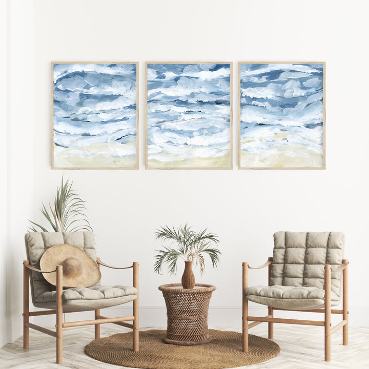 Crashing Waves Painting Coastal Triptych Set of Three Wall Art Prints or Canvas - Jetty Home