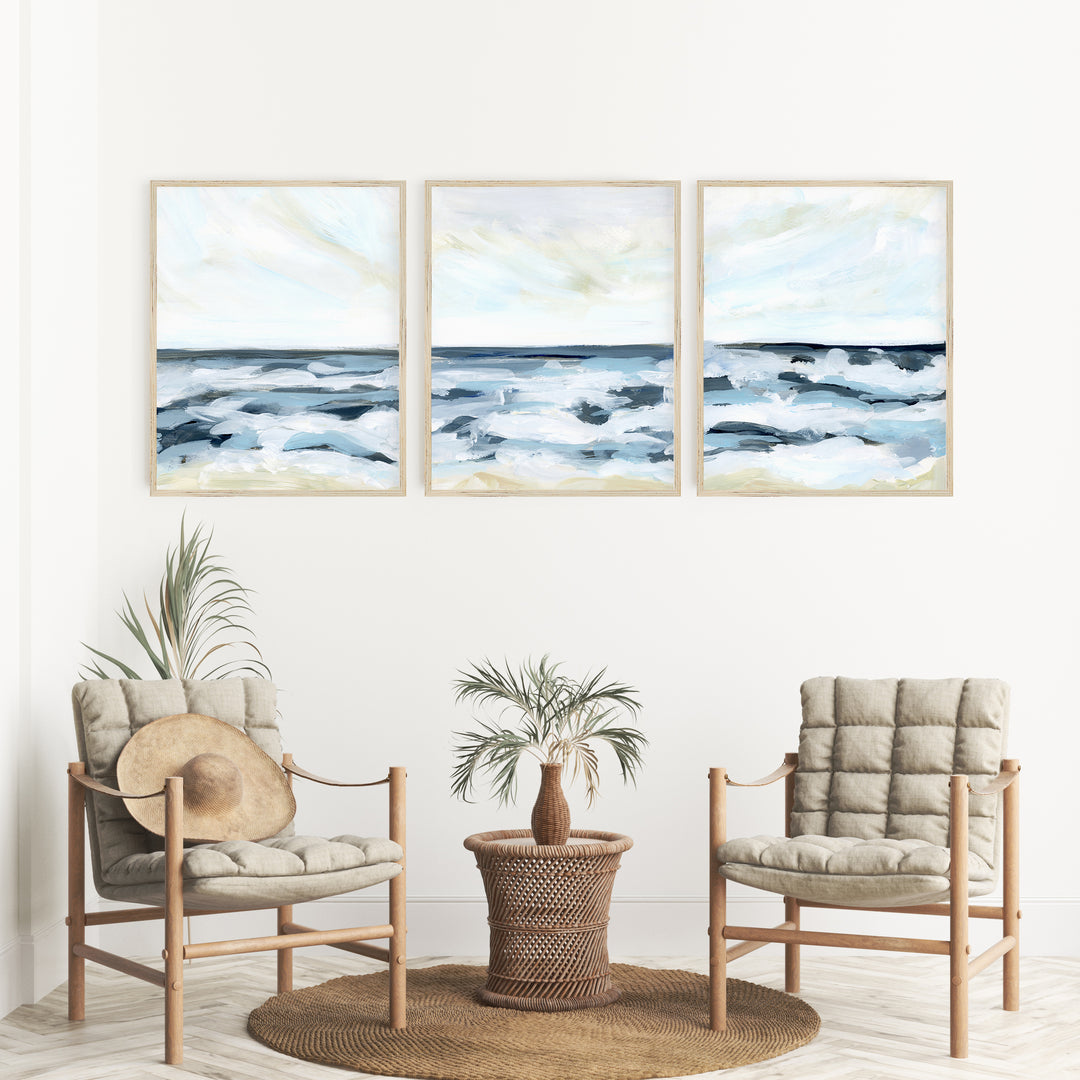 Blue Modern Seascape Painting Triptych Set of Three Wall Art Prints or Canvas - Jetty Home