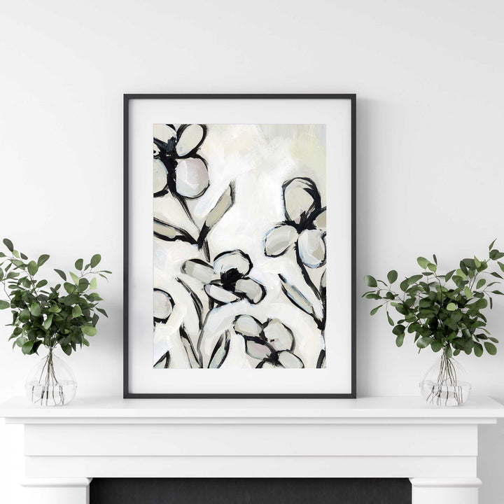 Neutral Floral Painting Cream and Black Flower Wall Art Print or Canvas - Jetty Home