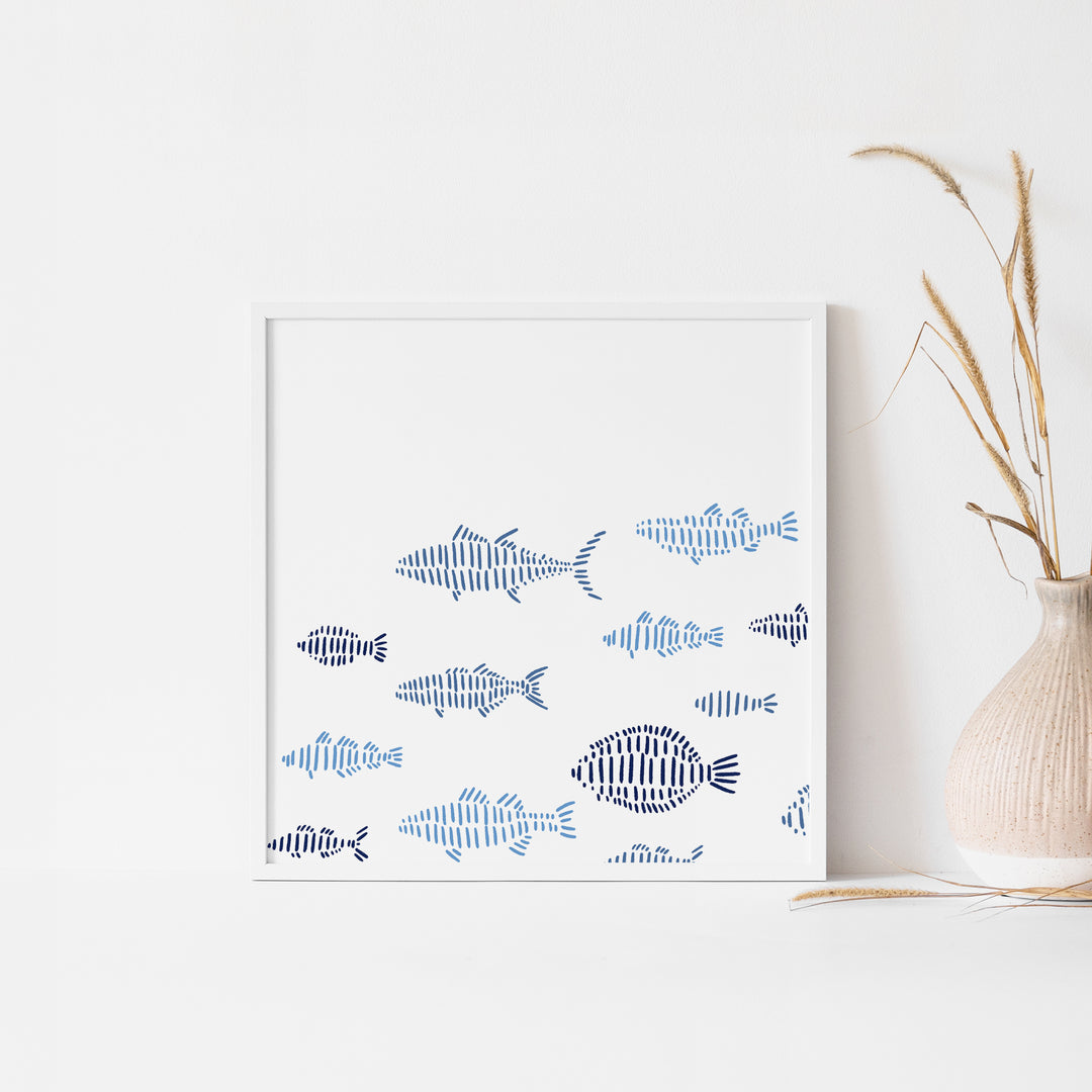 Modern Fish Illustration Blue and White Wall Art Print or Canvas - Jetty Home