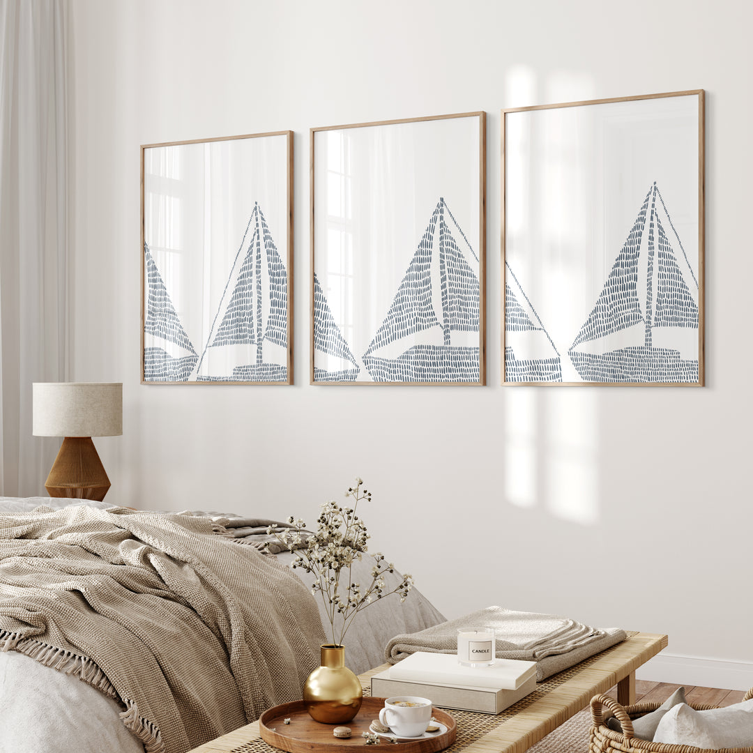 Sailboat Nautical Illustration - Set of 3  - Art Prints or Canvases - Jetty Home