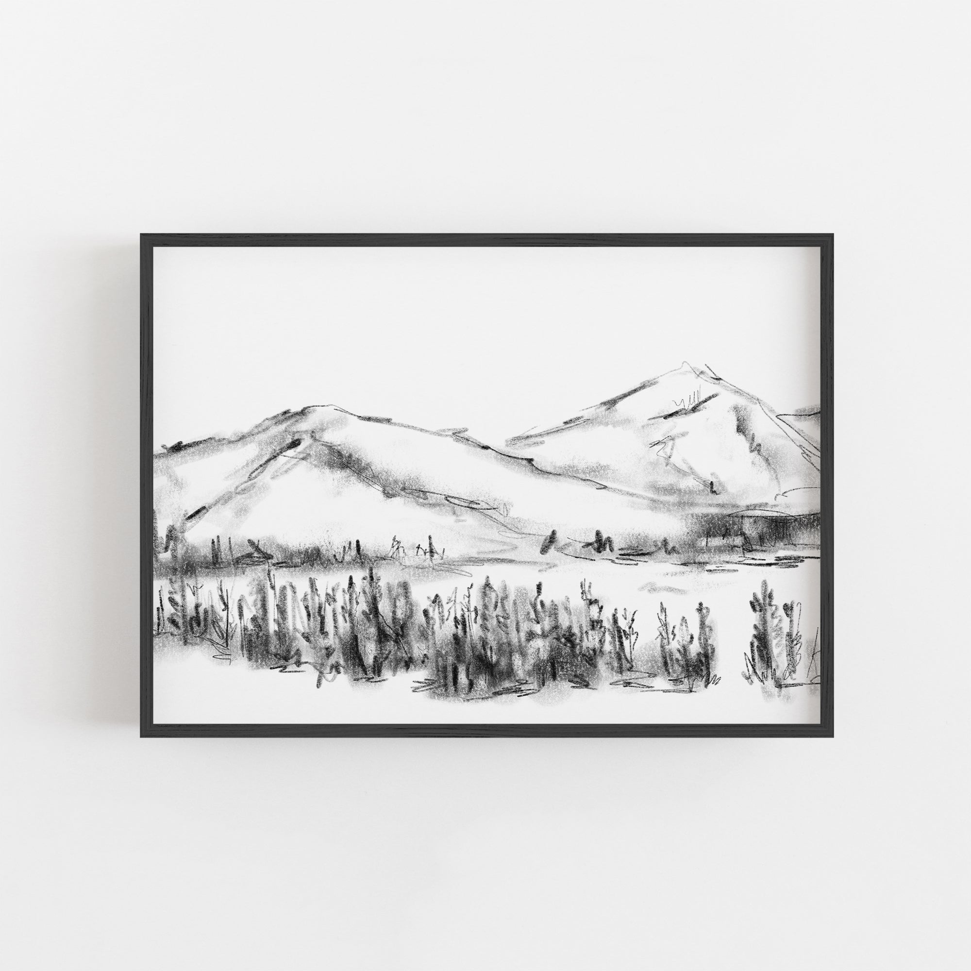 A detailed ink hand-drawn illustration of a a sweeping vista of a rocky  mountain valley