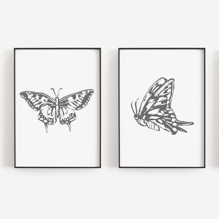 Butterfly Modern Minimalist Drawing Set of 2 Wall Art Print or Canvas - Jetty Home