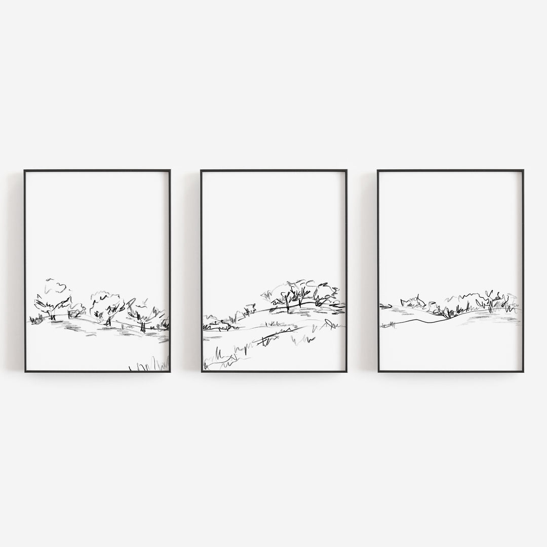 Landscape Hillside Illustration Triptych Set of Three Wall Art Prints or Canvas - Jetty Home