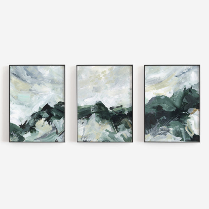Abstract Green and White Modern Painting Triptych Set of Three Wall Art Prints or Canvas - Jetty Home