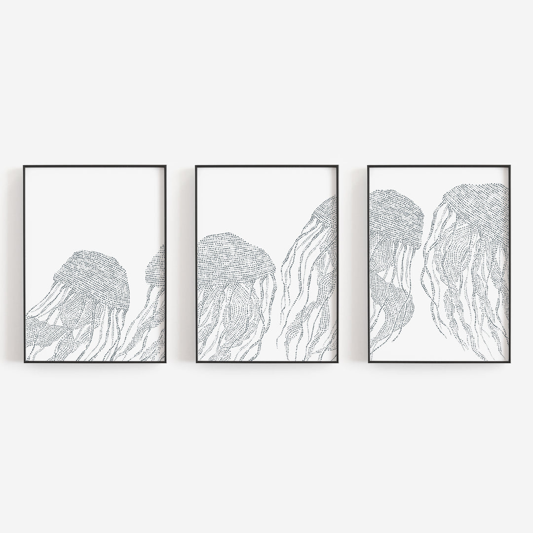 Jellyfish Ocean Creature Beach House Triptych Set of Three Wall Art Prints or Canvas - Jetty Home