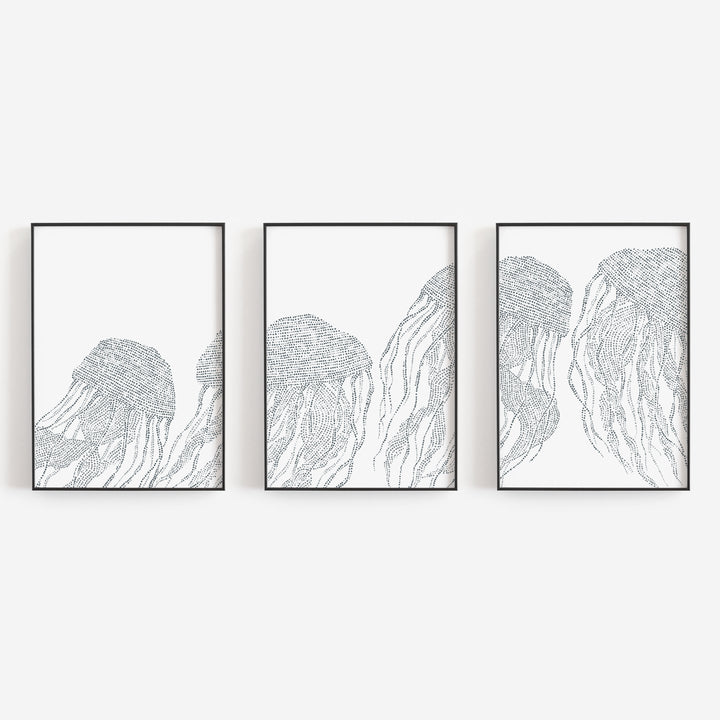 Jellyfish Ocean Creature Beach House Triptych Set of Three Wall Art Prints or Canvas - Jetty Home