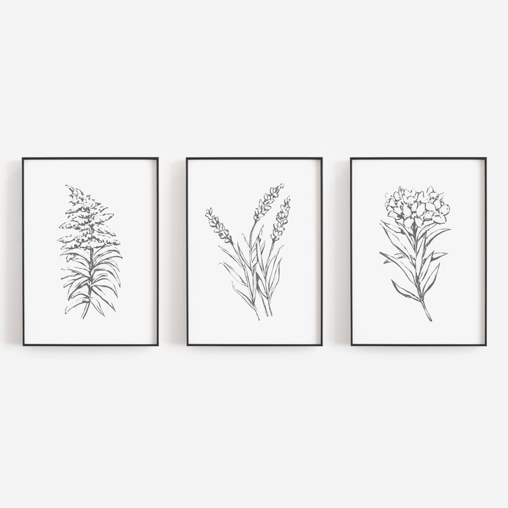 Minimalist Flowers Gray and White Triptych Set of Three Wall Art Prints or Canvas - Jetty Home
