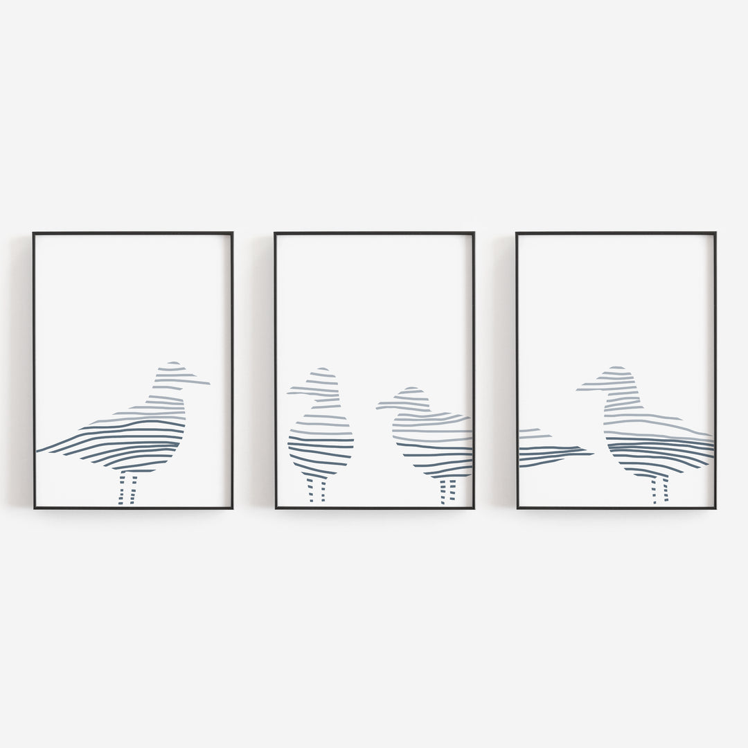 Sea Gull Modern Coastal Triptych Set of Three Wall Art Prints or Canvas - Jetty Home