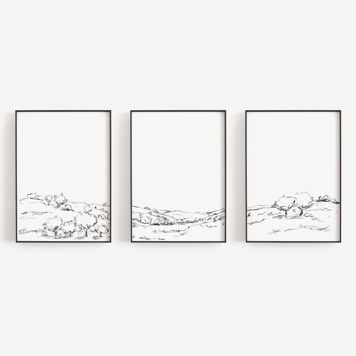 Black and White Landscape Hillside Oak Tree Triptych Set of Three Wall Art Prints or Canvas - Jetty Home