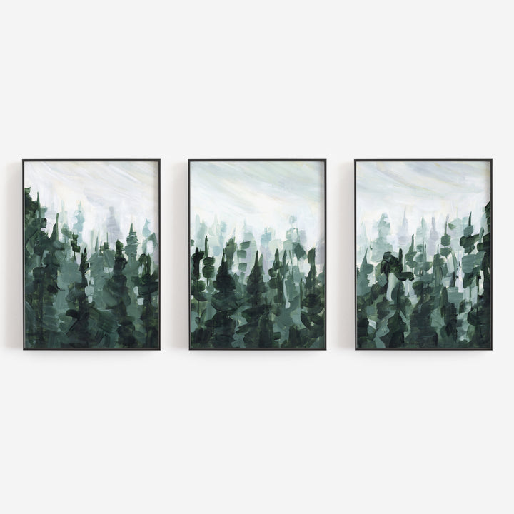 Pine Tree Forest Green and White Painting Triptych Set of Three Wall Art Prints or Canvas - Jetty Home