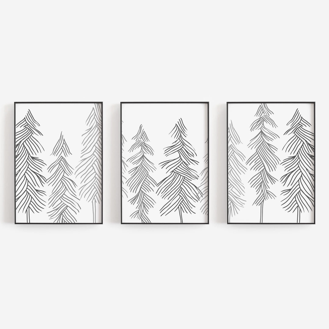 Forest Pine Tree Drawing Modern Minimalist Triptych Set of Three Wall Art Prints or Canvas - Jetty Home