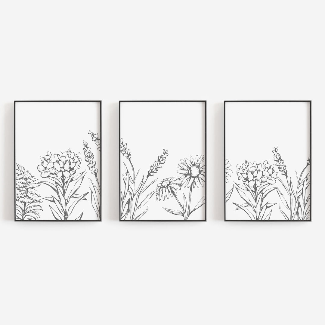 Flower Illustration Gray and White Triptych Set of Three Wall Art Prints or Canvas - Jetty Home