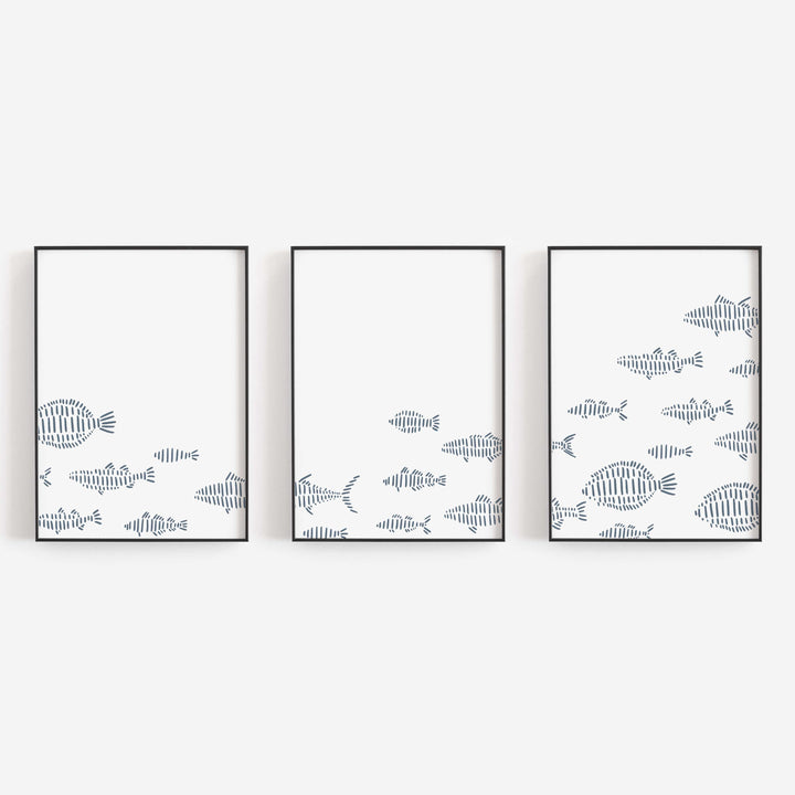 School of Fish Illustration Nautical Triptych Set of Three Wall Art Prints or Canvas - Jetty Home