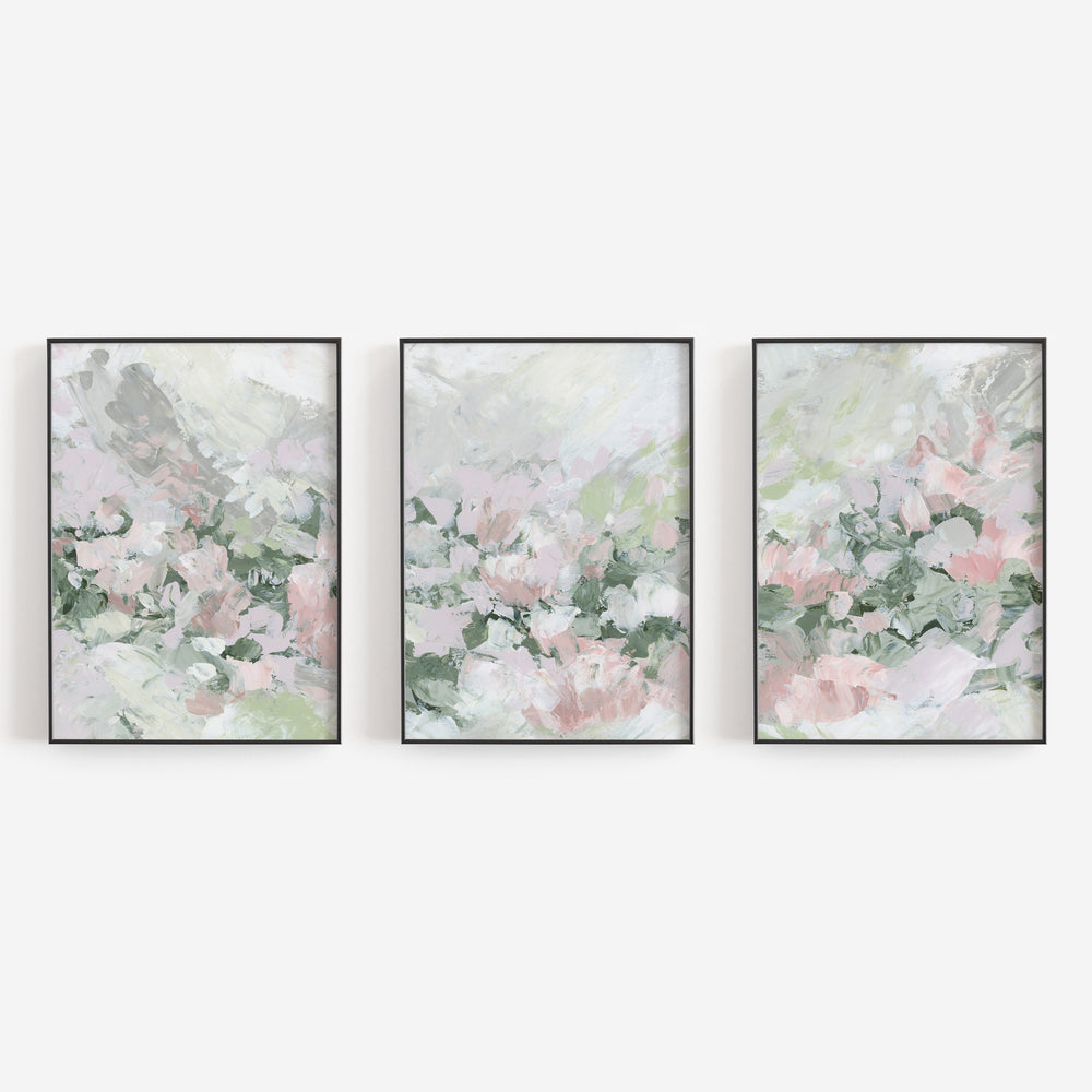 Flowers in Full Bloom Three-Piece Triptych Set Floral Abstract Painting Pink and Green Wall Art Print or Canvas - Jetty Home