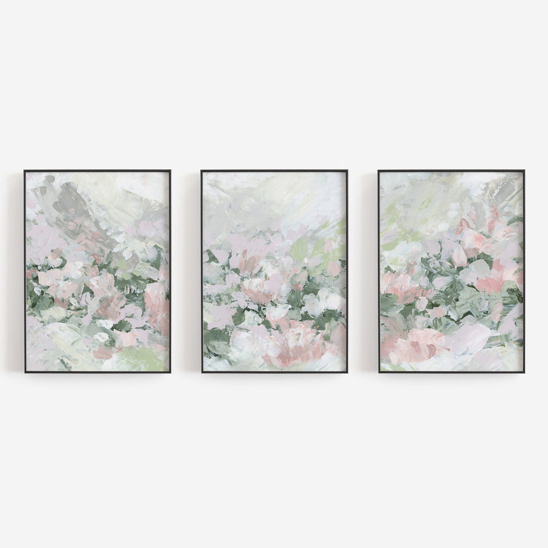 Flowers in Full Bloom Three-Piece Triptych Set Floral Abstract Painting Pink and Green Wall Art Print or Canvas - Jetty Home