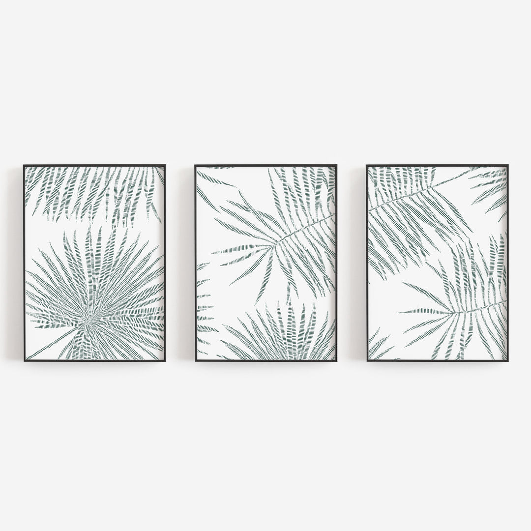 Palm Frond Green and White Minimalist Triptych Set of Three Wall Art Prints or Canvas - Jetty Home