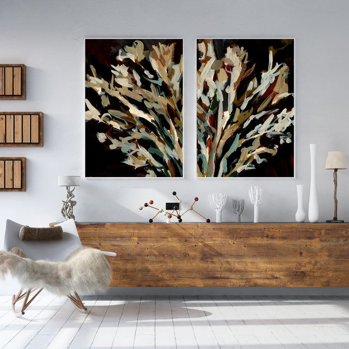 Dark Brown Moody Autumnal Botanical Painting Diptych Set of 2 Wall Art Print or Canvas - Jetty Home