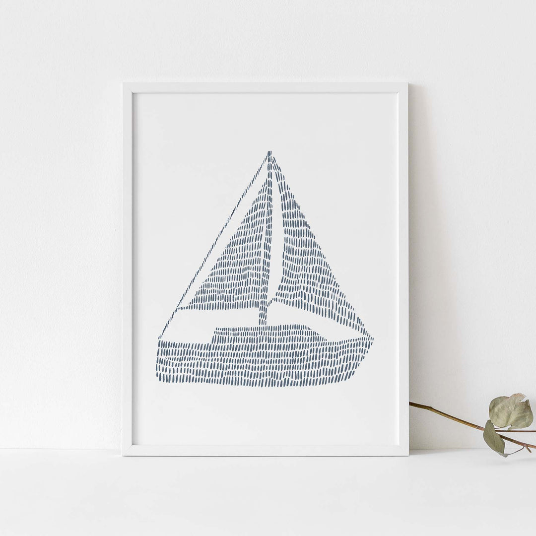 Nautical Sailboat Modern Slate Blue and White Wall Art Print or Canvas - Jetty Home