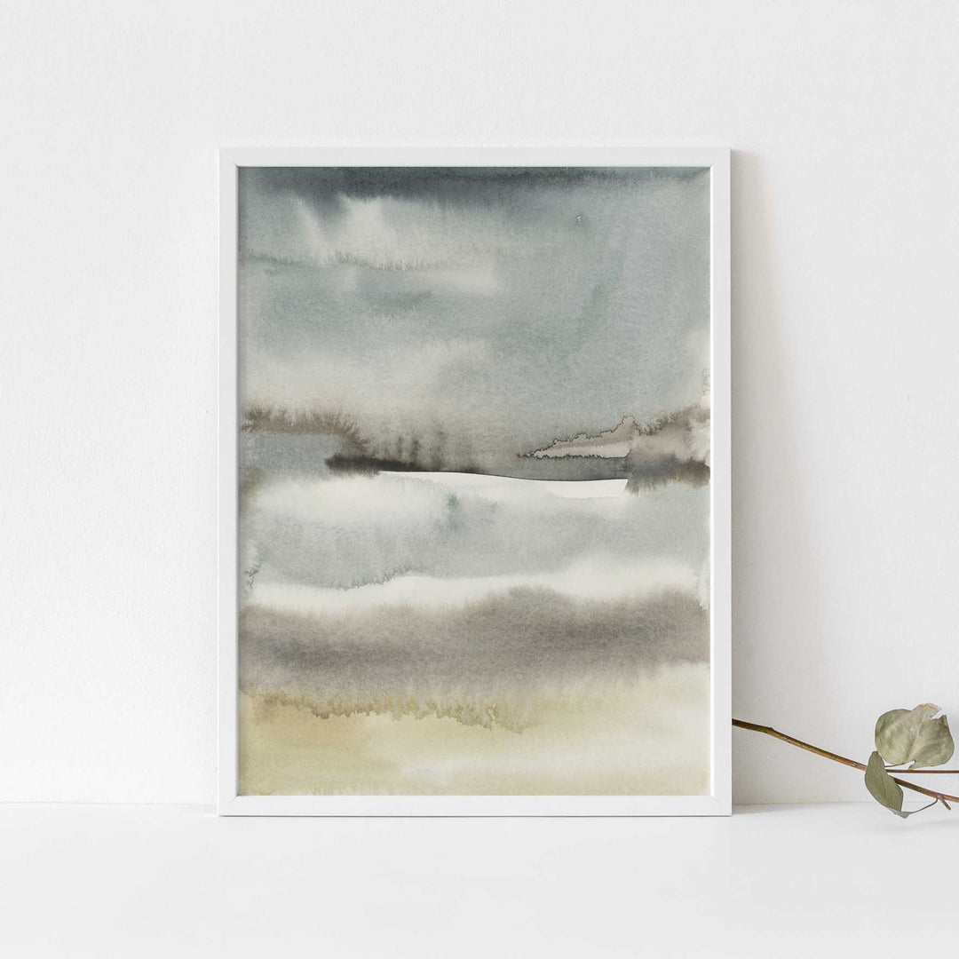 Slate and Beige Modern Landscape Lake Watercolor Wall Art Print or Canvas - Jetty Home