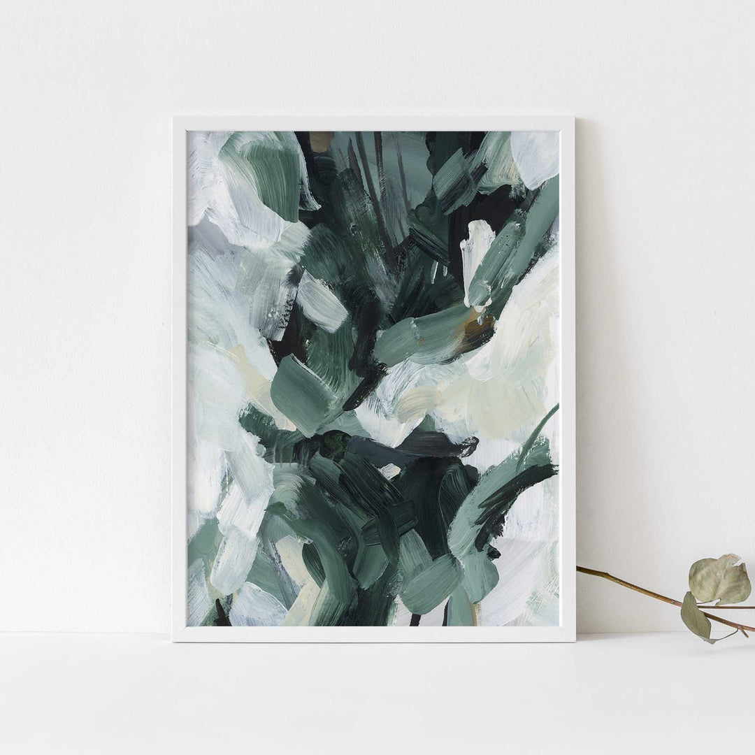 White and Green Abstract Painting Modern Winter Wall Art Print or Canvas - Jetty Home