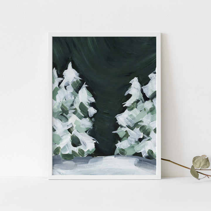 Winter Snow Covered Pine Tree Dark Green and White Painting Wall Art Print or Canvas - Jetty Home