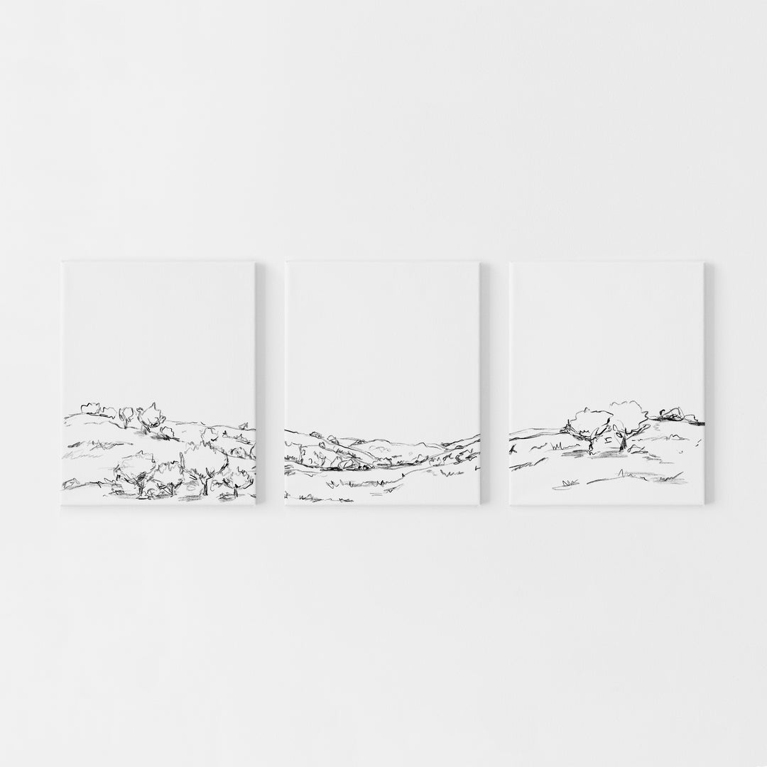 Black and White Landscape Hillside Oak Tree Triptych Set of Three Wall Art Prints or Canvas - Jetty Home