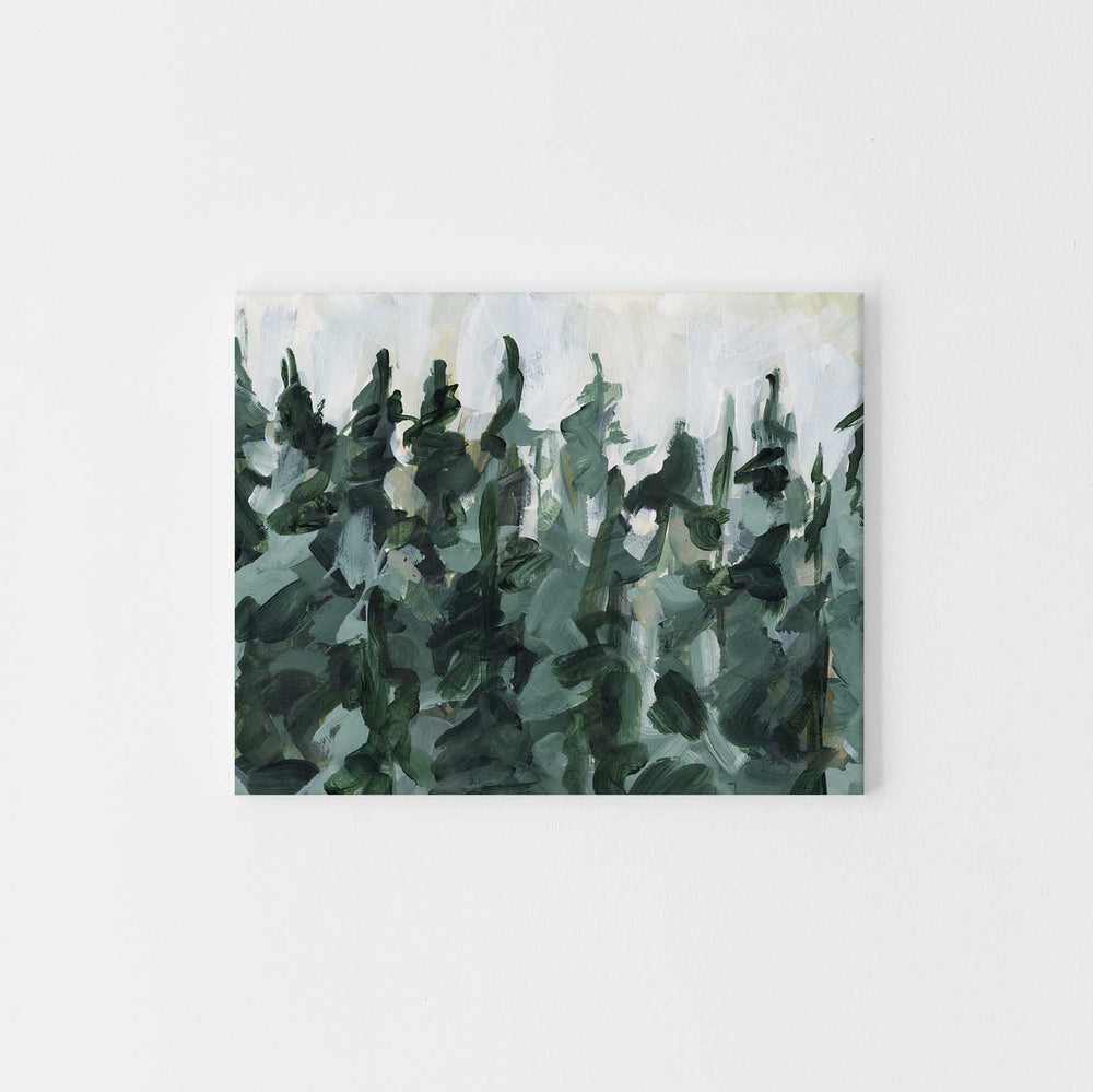 Forest Pine Tree Line Painting Green and White Winter Wall Art Print or Canvas - Jetty Home