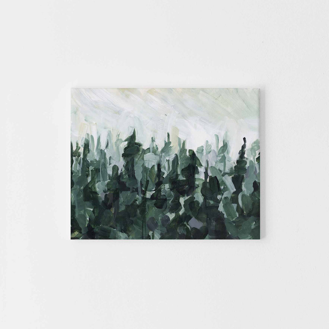 Green and White Modern Pine Tree Line Painting Winter Wall Art Print or Canvas - Jetty Home