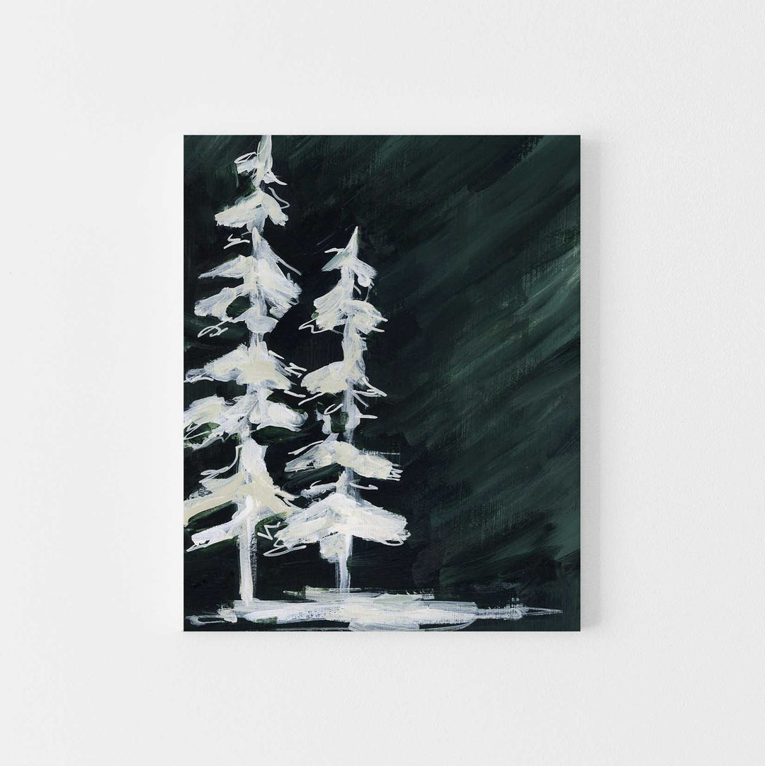 Dark Green White Evergreen Painting Pine Tree Winter Forest Wall Art Print or Canvas - Jetty Home