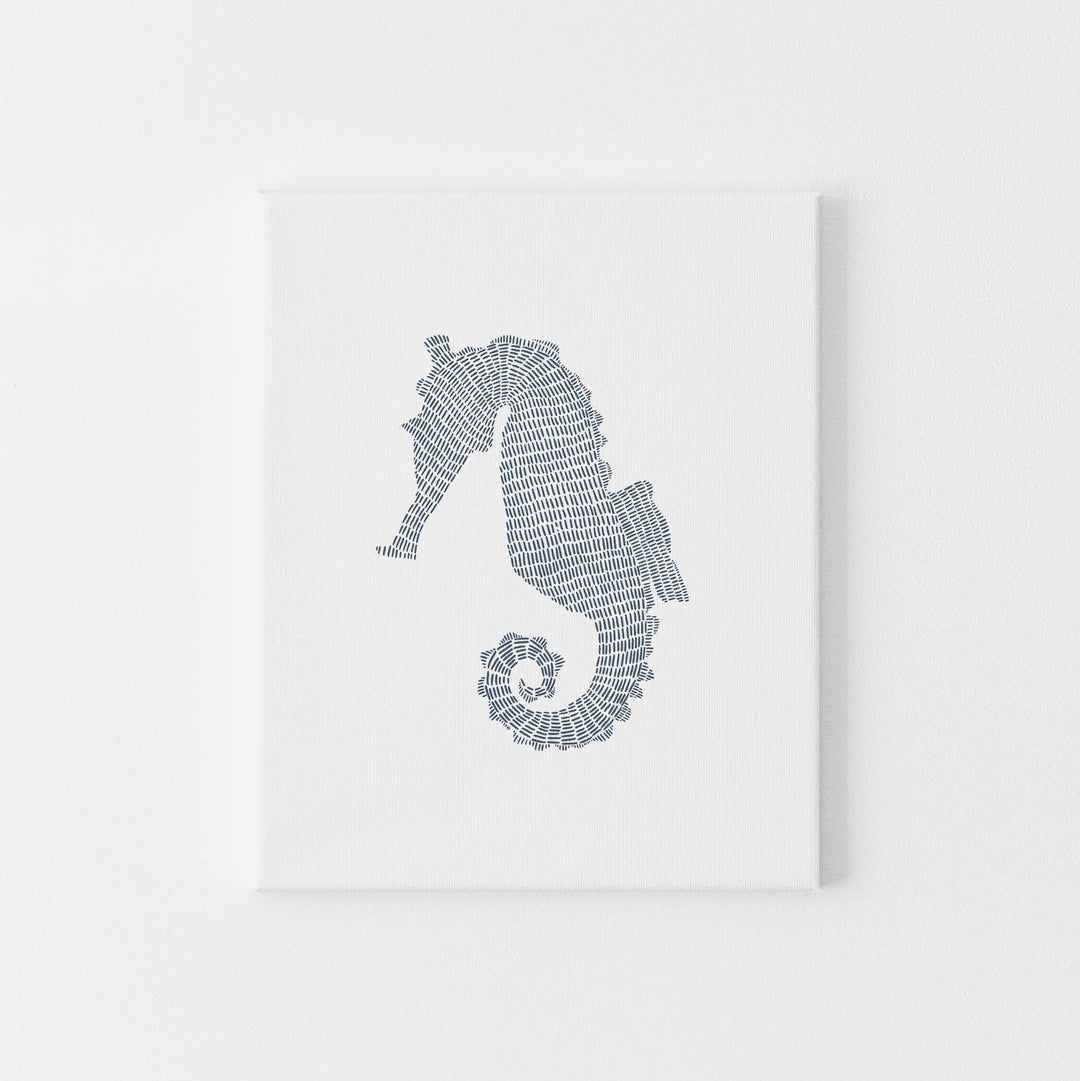 Blue Seahorse Nautical Coastal Illustration Wall Art Print or Canvas - Jetty Home