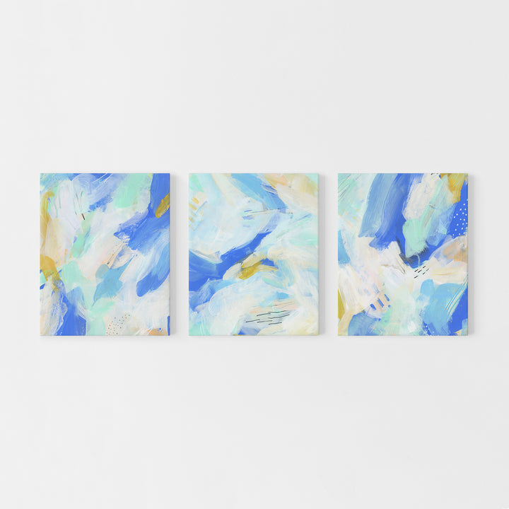 Modern Abstract Coastal Beach Blue White Beige Triptych Set of Three Wall Art Prints or Canvas - Jetty Home