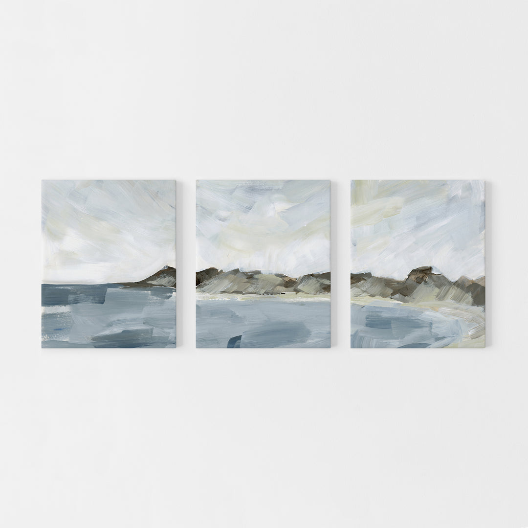 Minimal Seascape Shoreline Painting Triptych Set of Three Wall Art Prints or Canvas - Jetty Home