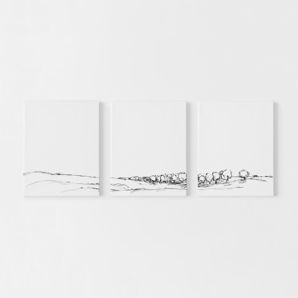 Meadow Landscape Illustration Black and White Farm Triptych Set of Three Wall Art Prints or Canvas - Jetty Home