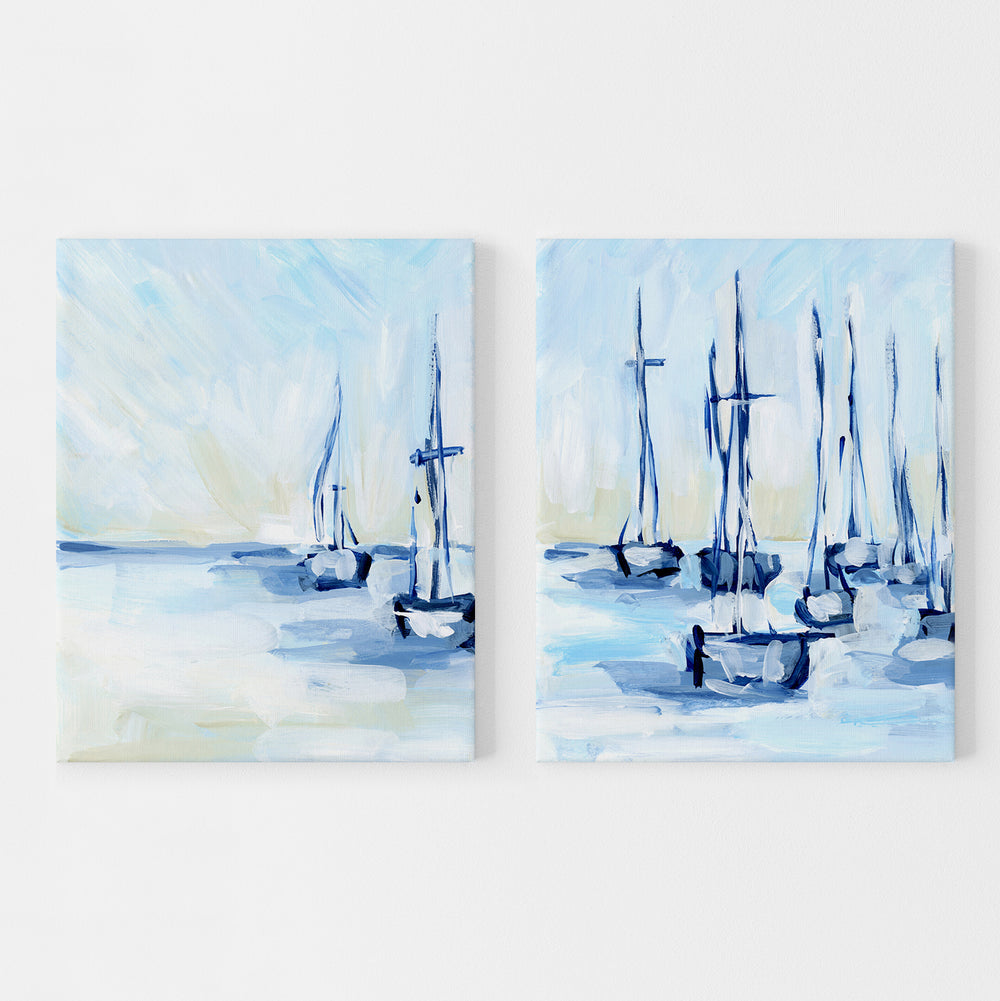 Moored Sailboats Nautical Painting Diptych Set of 2 Wall Art Print or Canvas - Jetty Home