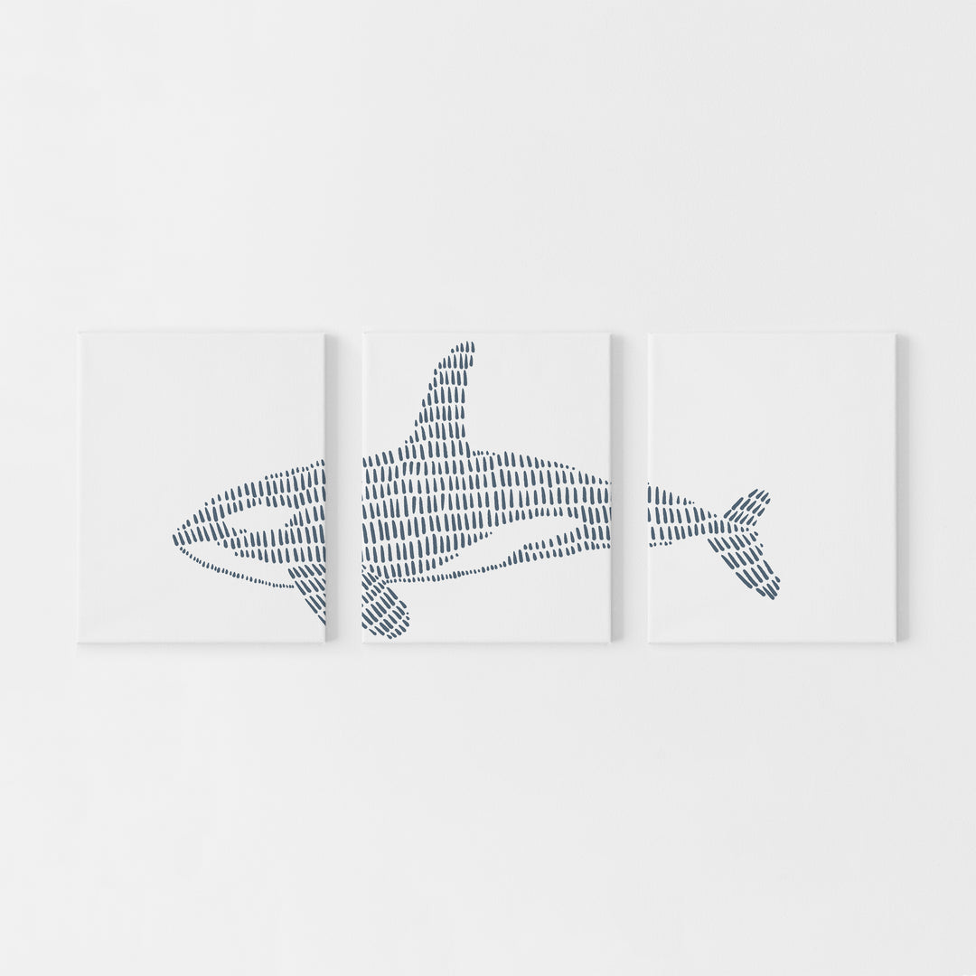 Orca Whale Modern Beach Decor Blue and White Triptych Set of Three Wall Art Prints or Canvas - Jetty Home