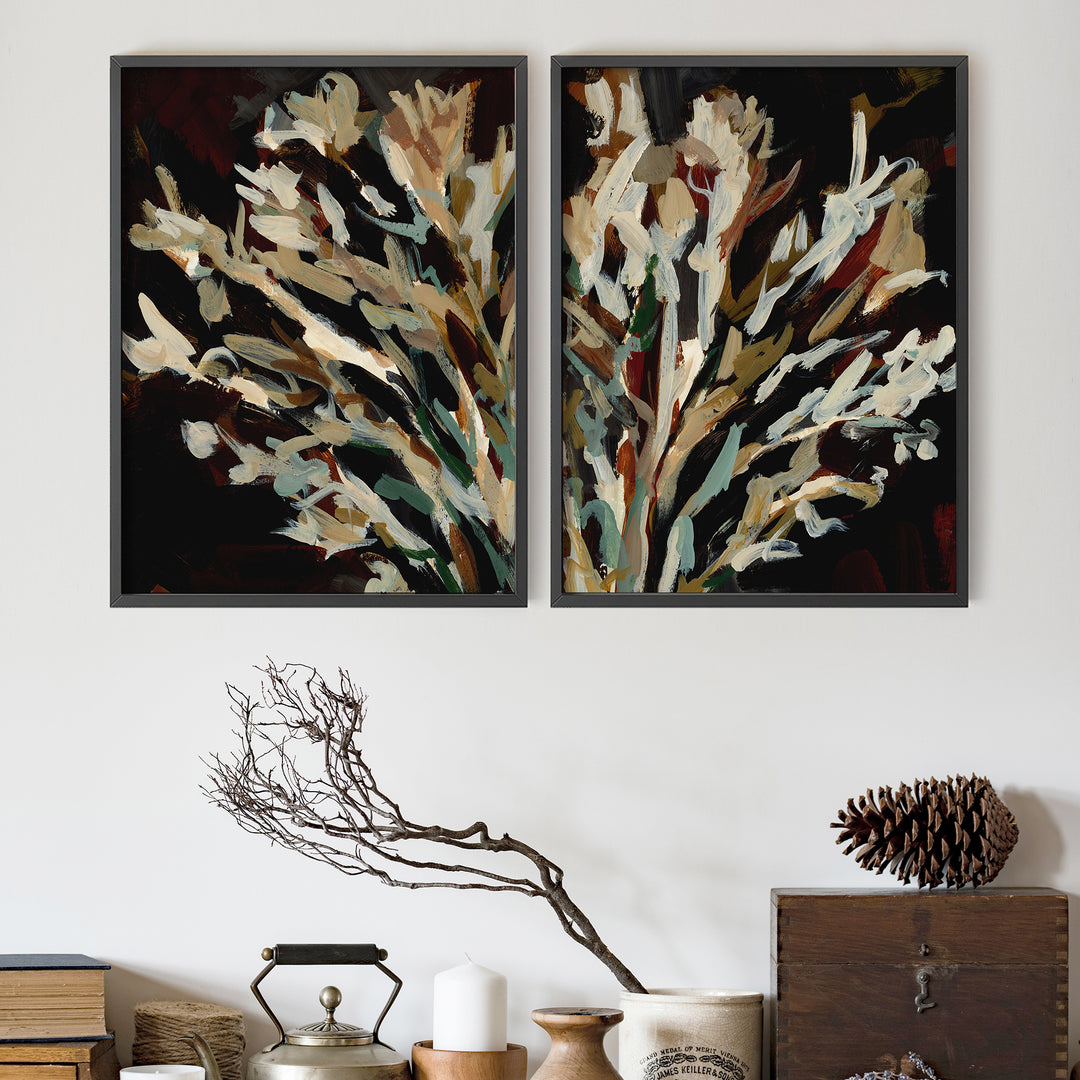 Dark Brown Moody Autumnal Botanical Painting Diptych Set of 2 Wall Art Print or Canvas - Jetty Home