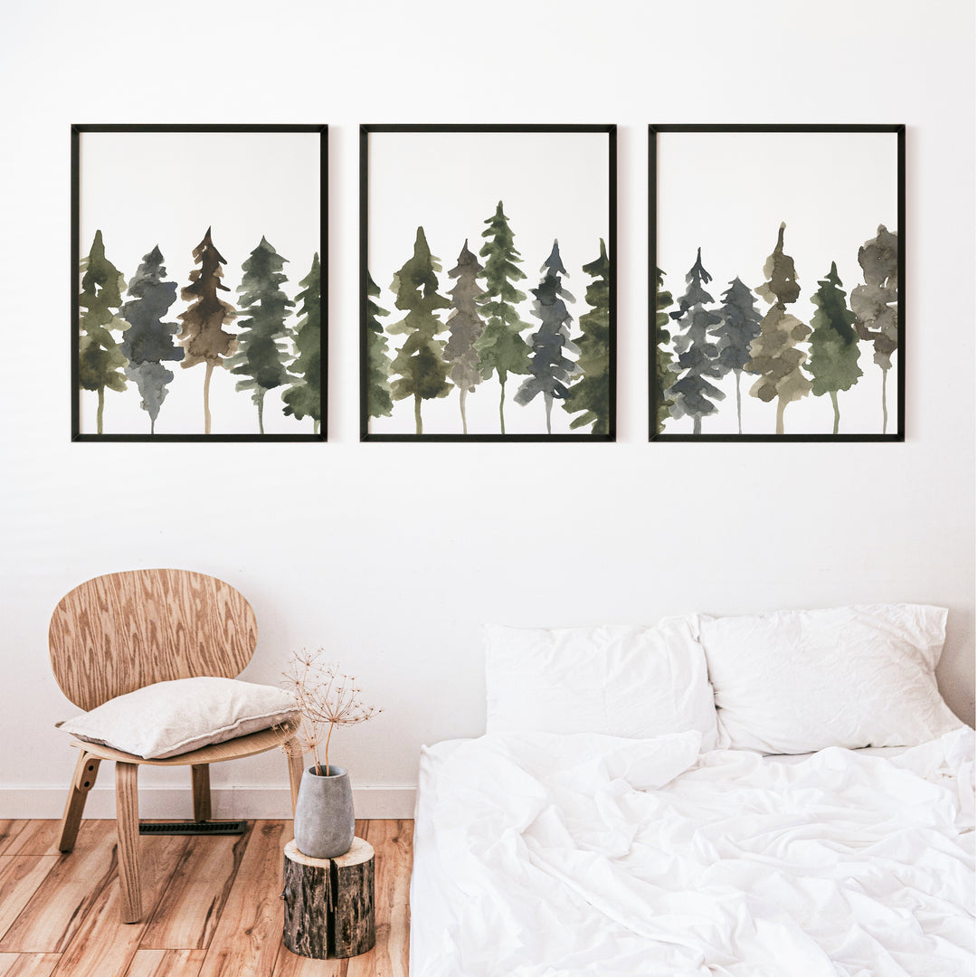Pine Tree Line Watercolor - Set of 3  - Art Prints or Canvases - Jetty Home