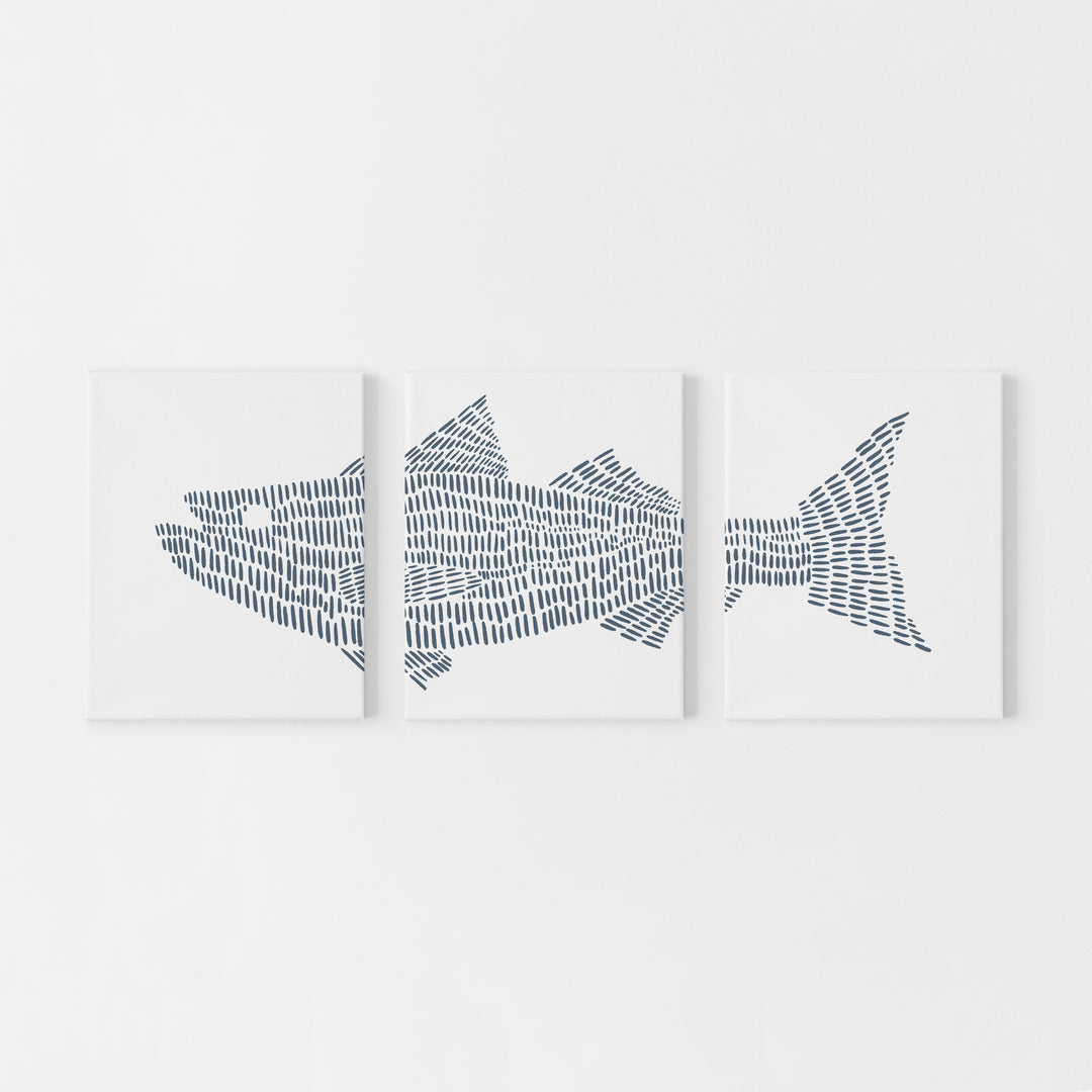 Striped Bass Fish Nautical Triptych Set of Three Wall Art Prints or Canvas - Jetty Home