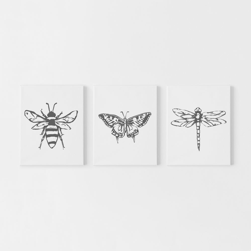 Bee, Dragonfly and Butterfly Illustration Triptych Set of Three Wall Art Prints or Canvas - Jetty Home