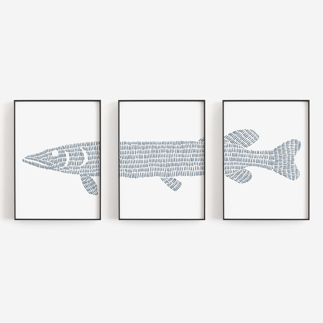 Northern Pike Lake Fish Triptych Set of Three Wall Art Prints or Canvas - Jetty Home