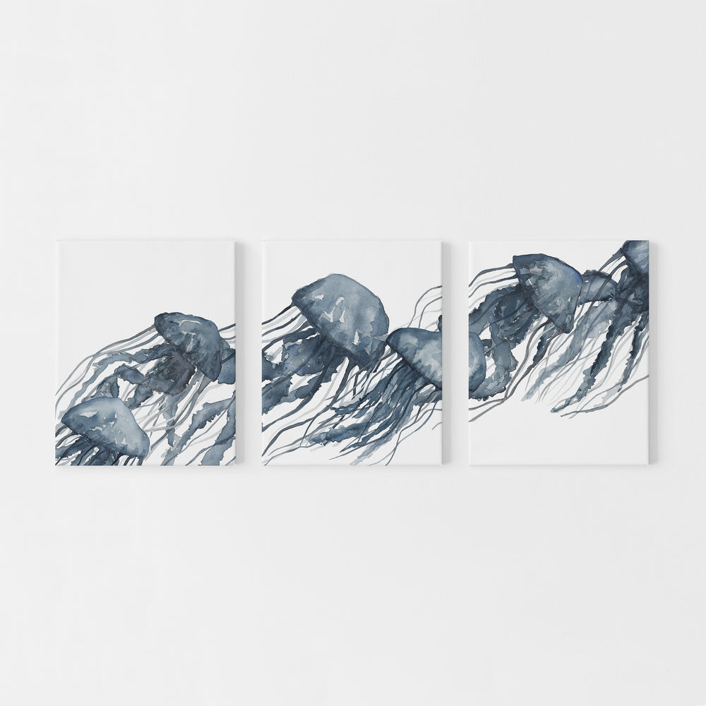 Watercolor Blue Jellyfish Triptych Wall Art Print or Canvas - Jetty Home
