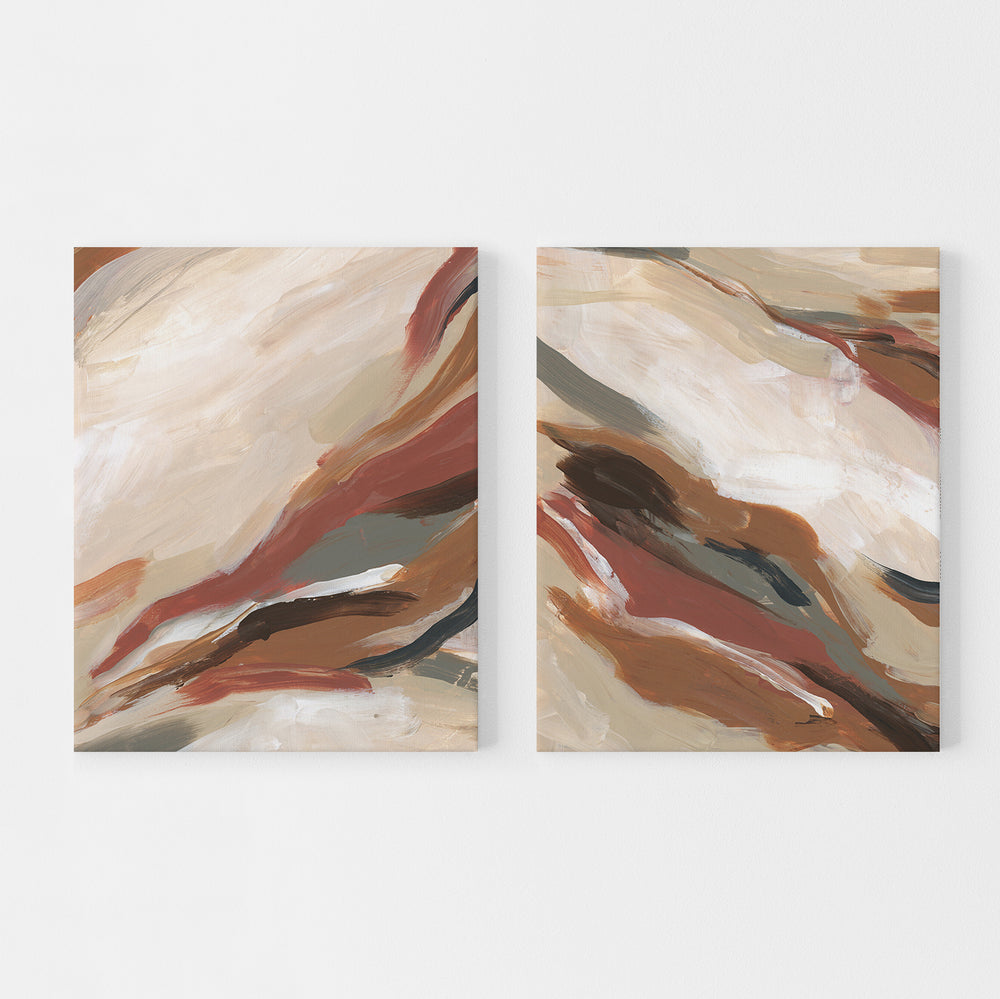 Abstract Neutral Earth Tones Burnt Orange Paintings Set of 2 Wall Art Print or Canvas - Jetty Home