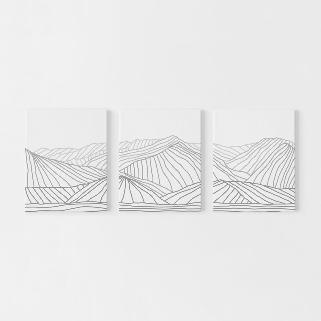 Minimalist Gray Mountain Illustration Triptych Set of Three Wall Art Prints or Canvas - Jetty Home