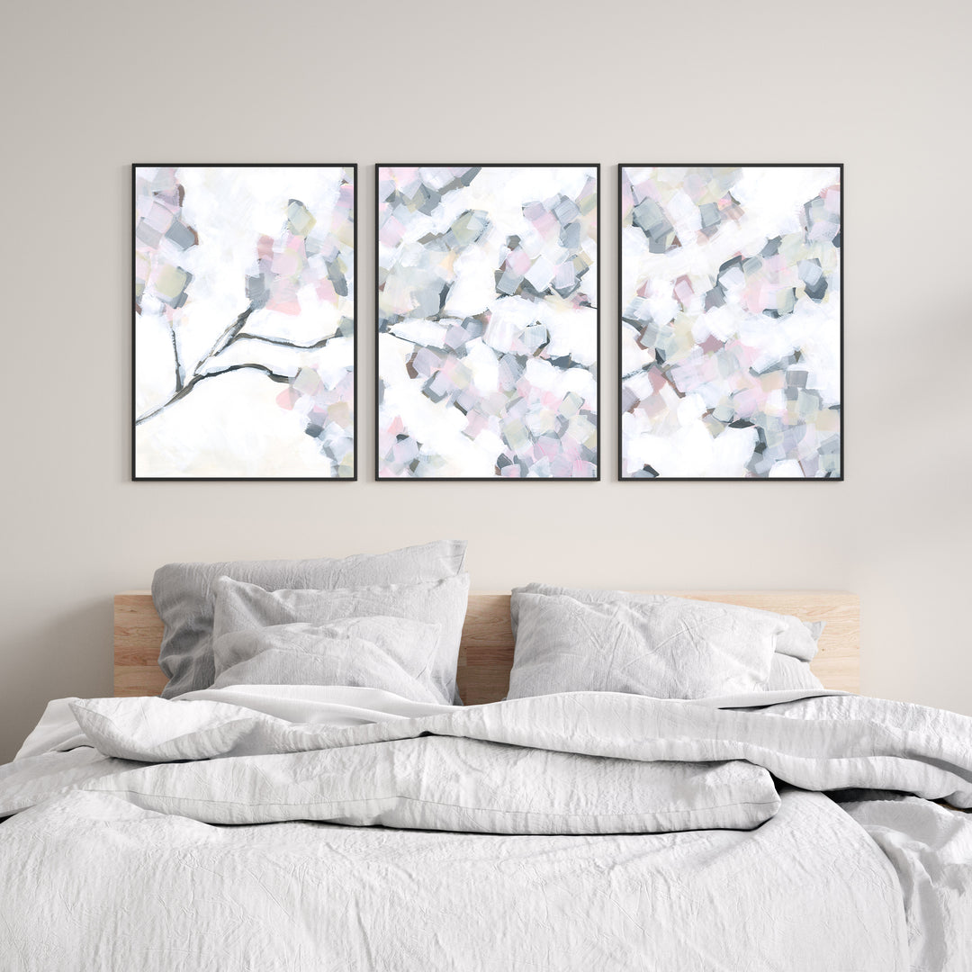 Cherry Blossom Abstract Floral Painting Triptych Set of Three Wall Art Prints or Canvas - Jetty Home