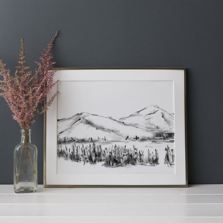 Mountain Landscape Black and White Charcoal Sketch Wall Art Print or Canvas - Jetty Home