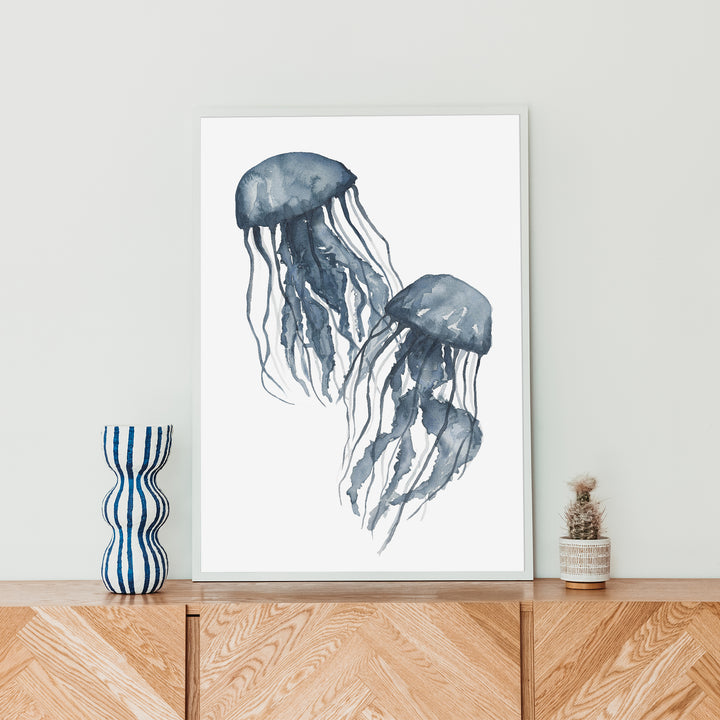 Navy Blue Jellyfish Duo  - Art Print or Canvas - Jetty Home