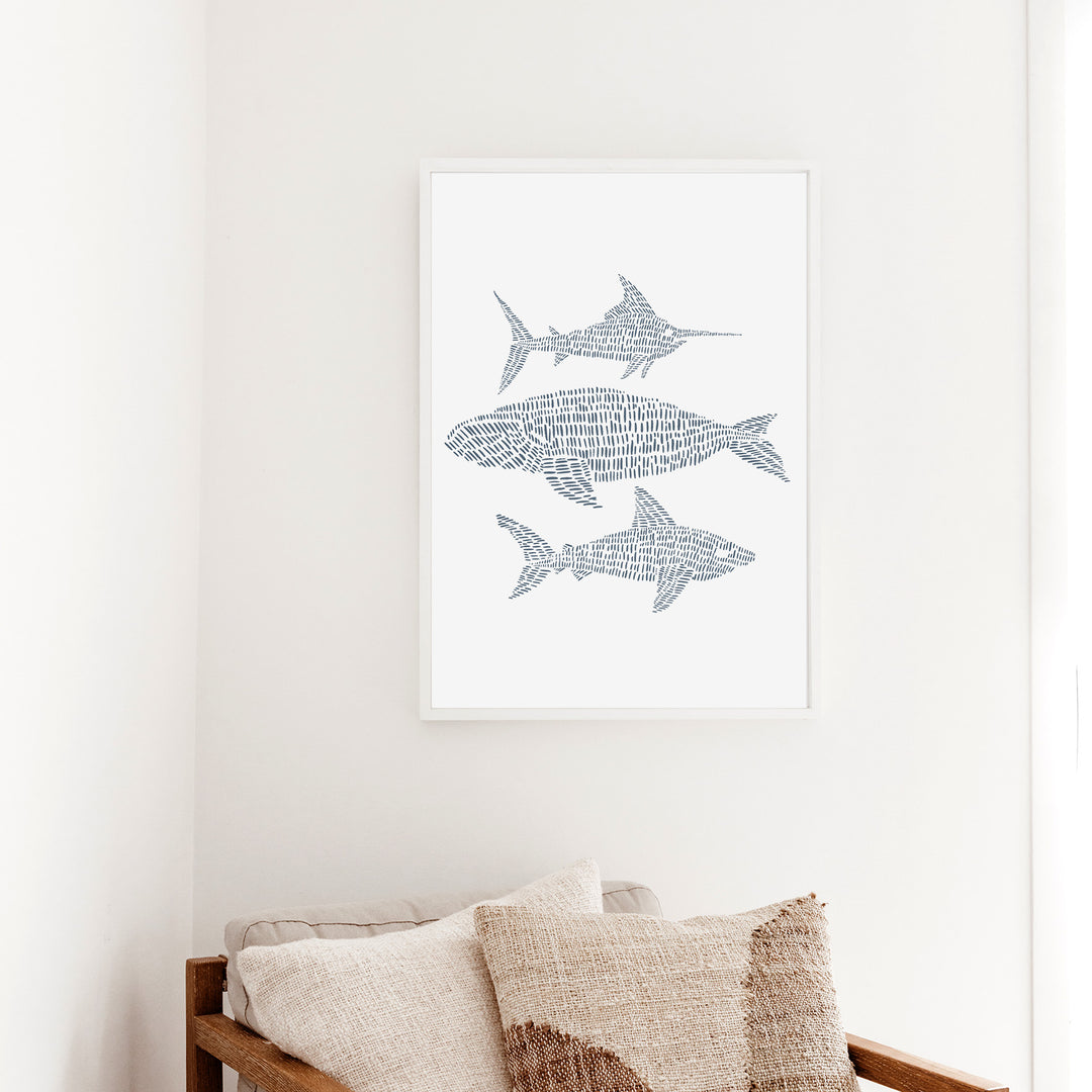 Swordfish, Right Whale & Great White Shark Illustration  - Art Print or Canvas - Jetty Home